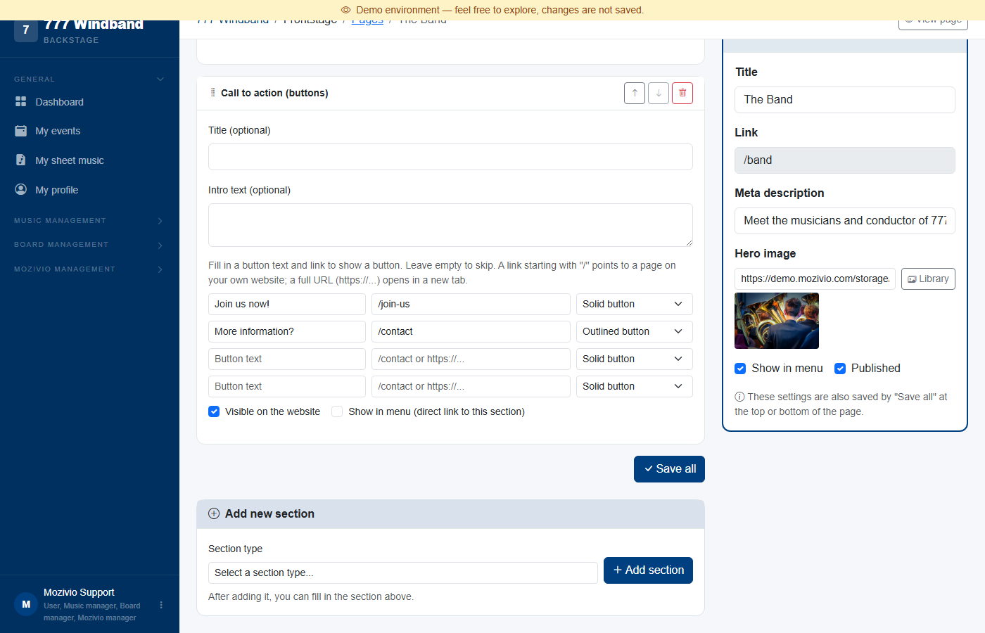 The add-section dropdown at the bottom of a page, with a Call to action section above it