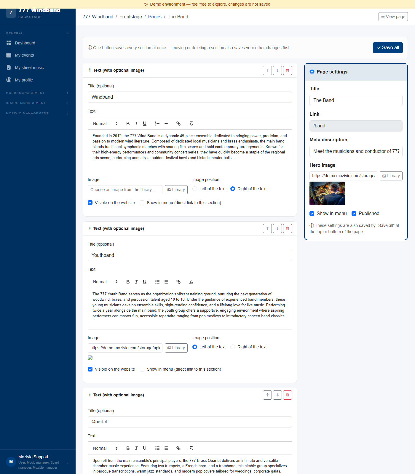 Page editor showing the Page settings panel and two Text sections